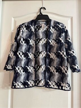 Alfred Dunner Navy White Lattice Open Front Cardigan PS. JN-108